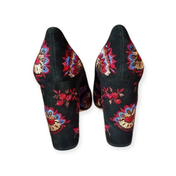 Loeffler Randall Sydnee Black Floral Suede Embroidery High Block Heel Pumps Sz 6 - Picture 5 of 11